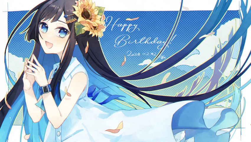 1girl :d asymmetrical_sidelocks black_hair blue_eyes blue_hair blue_ribbon blue_scrunchie blue_sky brooch cevio cloud colored_inner_hair dated day dress futaba_minato hair_ornament hairclip happy_birthday jewelry layered_dress long_hair multicolored_hair neck_ribbon open_mouth ribbon scrunchie shiraume_(hakubaian) sky sleeveless sleeveless_dress smile solo swept_bangs white_dress wrist_scrunchie