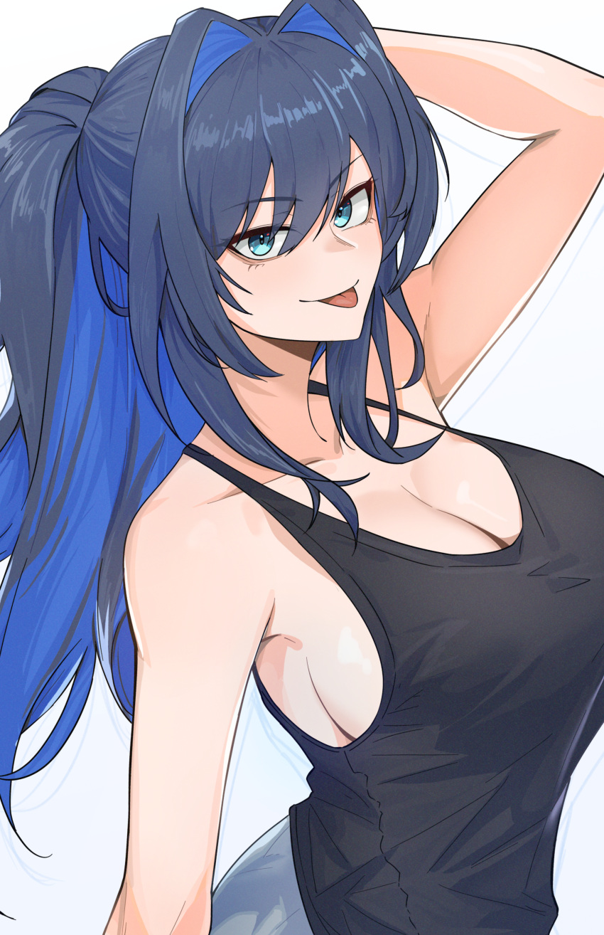 1girl absurdres arm_behind_head arm_up black_hair blue_eyes blue_hair breasts cleavage collarbone hair_intakes highres hololive hololive_english large_breasts long_hair looking_at_viewer multicolored_hair nokaa_aru ouro_kronii ponytail sideboob smile solo tongue tongue_out upper_body virtual_youtuber