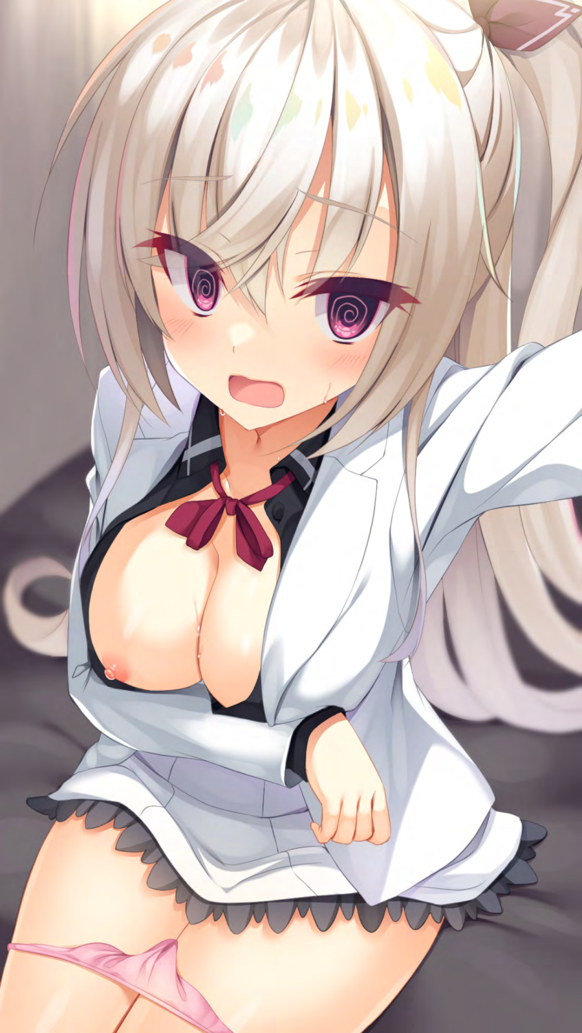 1girl @_@ akizuki_kanna aria_(koiiroharemoyou) arm_under_breasts arm_up blurry blurry_background blush breast_hold breasts breasts_out cafe_stella_to_shinigami_no_chou cleavage commission cowboy_shot crossed_bangs depth_of_field embarrassed eyelashes eyes_visible_through_hair frilled_skirt frills hair_between_eyes hair_ribbon half_updo highres indoors jacket large_breasts long_hair long_sleeves looking_at_viewer miniskirt neck_ribbon nipples no_bra on_bed open_clothes open_jacket open_mouth paid_reward_available panties panty_pull pink_panties pleated_skirt ponytail purple_eyes red_ribbon ribbon selfie sitting skeb_commission skirt solo straight_hair sweat thighs third-party_edit underwear variant_set very_long_hair wavy_mouth white_hair white_jacket