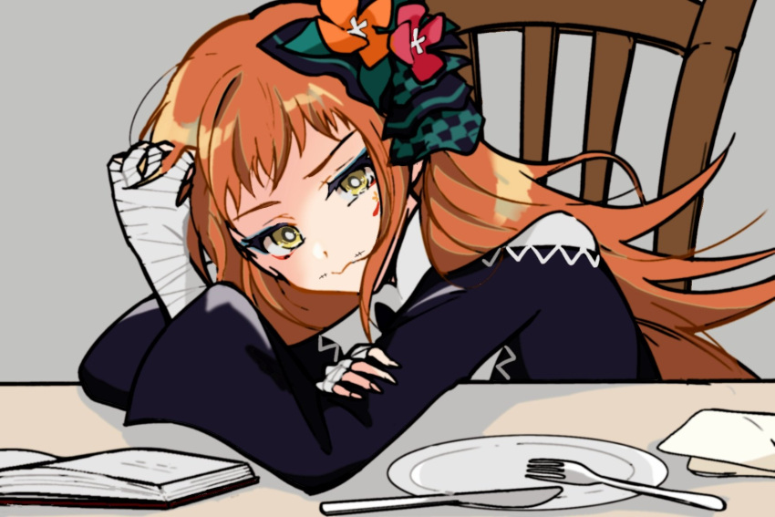1girl bandaged_arm bandaged_hand bandages black_dress book bow chair dress eyeliner eyeshadow facial_tattoo fire_emblem fire_emblem_engage flower fork hair_bow hair_flower hair_ornament hand_in_own_hair highres knife leaning_on_table long_hair makeup napkin oda32t orange_hair panette_(fire_emblem) plate sitting solo tattoo yellow_eyes