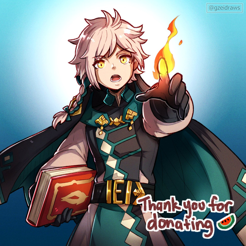 1boy artist_name belt black_cape black_robe blue_background blurry blurry_background book braid cape casting_spell clanne_(fire_emblem) english_commentary eyelashes fire fire_emblem fire_emblem_engage food fruit green_cape green_robe grey_hair gzei highres holding holding_book long_hair male_focus multicolored_robe open_mouth robe teeth thank_you twitter_username two-sided_cape two-sided_fabric two-tone_cape watermelon white_robe yellow_eyes