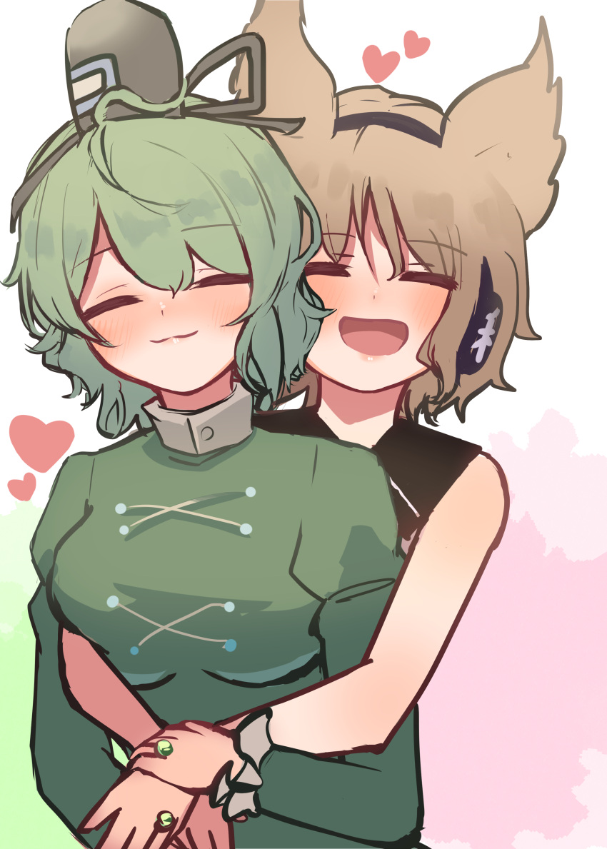 2girls absurdres black_headwear blush brown_hair closed_eyes closed_mouth commentary_request dress earmuffs green_dress green_hair hat heart highres jewelry long_sleeves multiple_girls open_mouth pointy_hair ring soga_no_tojiko takana_(forsterite) tate_eboshi touhou toyosatomimi_no_miko upper_body variant_set yuri