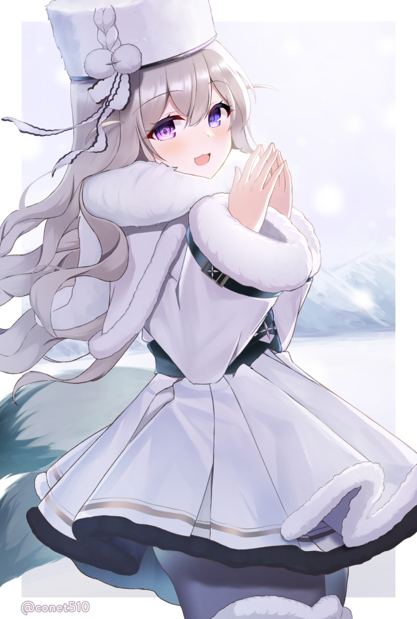 1girl azur_lane black_pantyhose blue_eyes blush bow capelet coat conet510 fake_tail from_side fur-trimmed_coat fur_trim grey_hair hands_up hat hat_bow heterochromia highres long_hair looking_at_viewer murmansk_(azur_lane) open_mouth outside_border pantyhose purple_eyes smile snow solo tail twitter_username white_capelet white_coat white_headwear