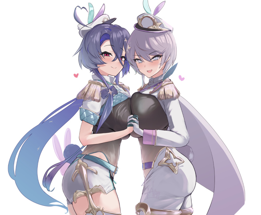 2girls alternate_costume azur_lane bellona_(azur_lane) blue_gloves blue_hair blush breast_press breasts cape epaulettes fake_tail foch_(azur_lane) from_side gloves heart holding_hands idol large_breasts long_bangs long_hair looking_at_viewer multiple_girls oza_osuwari purple_cape purple_eyes purple_hair rabbit_tail red_eyes short_hair shorts simple_background smile swept_bangs symmetrical_docking tail white_background white_headwear white_shorts