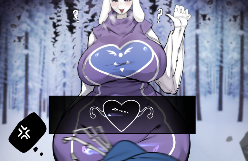 2024 5_fingers absurd_res animated_skeleton anthro big_breasts blue_clothing blue_dress bone boss_monster_(undertale) bovid breasts breath caprine clothed clothing cross-popping_vein curvy_figure dialogue dress duo english_text eyelashes female fingers first_person_view floppy_ears fully_clothed fur gameplay_mechanics goat hi_res huge_breasts kantan looking_at_viewer male mammal mature_female open_mouth open_smile outside question_mark sans_(undertale) skeleton smile text thick_thighs thought_bubble toriel undead undertale_(series) voluptuous white_body white_fur wide_hips