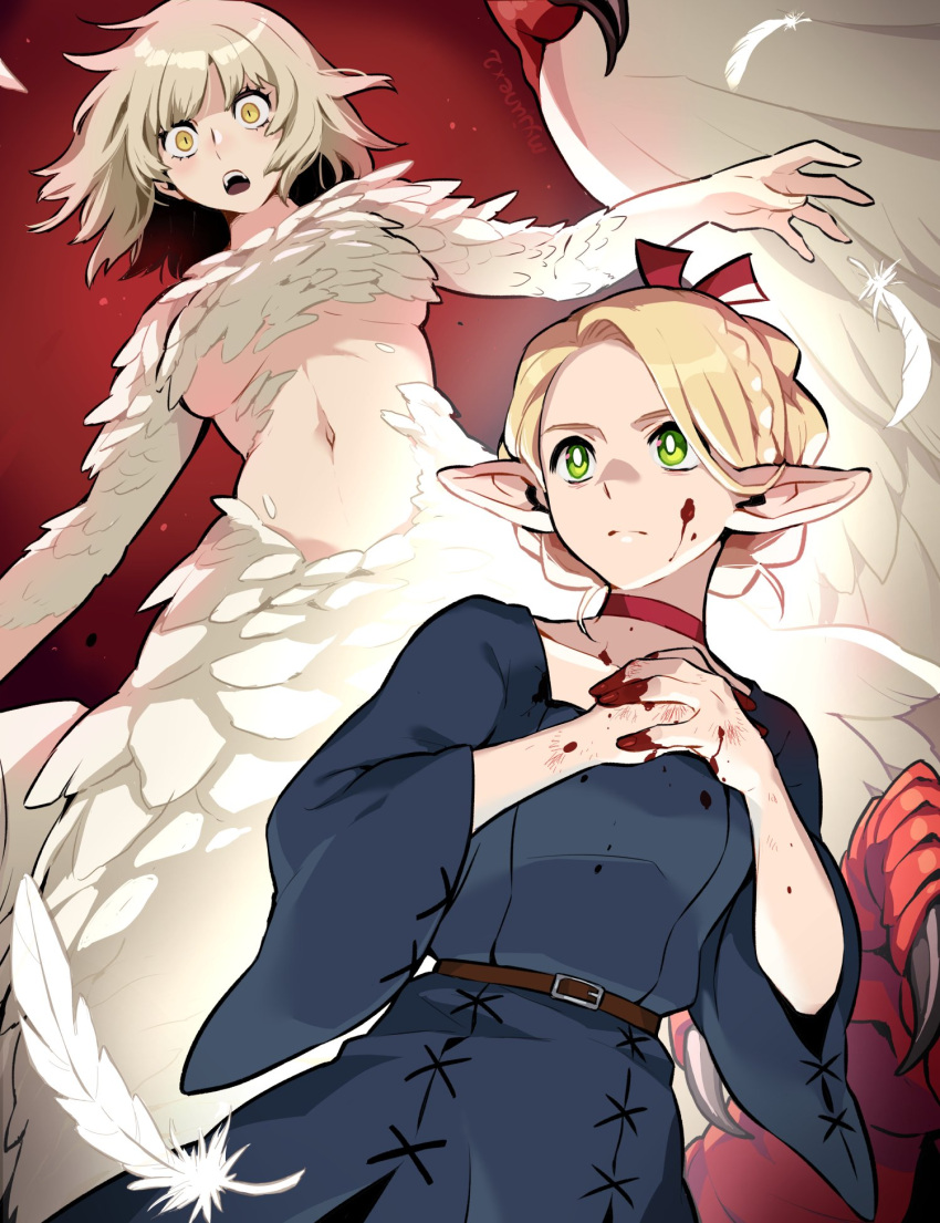 2girls blonde_hair blue_capelet blue_robe blush body_fur braid capelet centauroid chimera choker dragon_girl dungeon_meshi elf falin_thorden_(chimera) feathered_wings feathers green_eyes hair_around_ear highres hood hooded_capelet long_hair long_sleeves marcille_donato monster_girl multiple_braids multiple_girls open_mouth pointy_ears robe short_hair simple_background taur white_feathers wings wooni