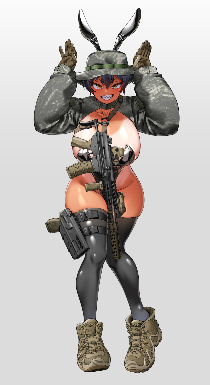 absurdres black_hair black_leotard boonie_hat camouflage camouflage_jacket collarbone gloves gun highres hitch_(perotoss) jacket leotard machine_gun orange_eyes original sharp_teeth shoes short_hair shrug_(clothing) sneakers tan tanlines teeth thighhighs very_short_hair weapon