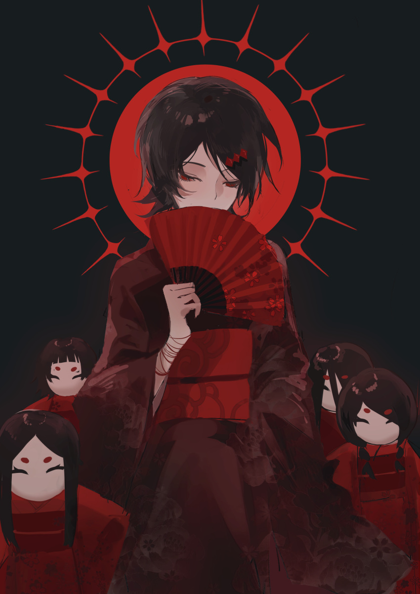 1girl absurdres black_hair black_kimono folding_fan fuura_kafuka halo hand_fan highres holding holding_fan japanese_clothes kimono long_sleeves looking_down obi red_eyes red_halo red_sash sash sayonara_zetsubou_sensei short_hair solo upper_body wide_sleeves yeluo_black