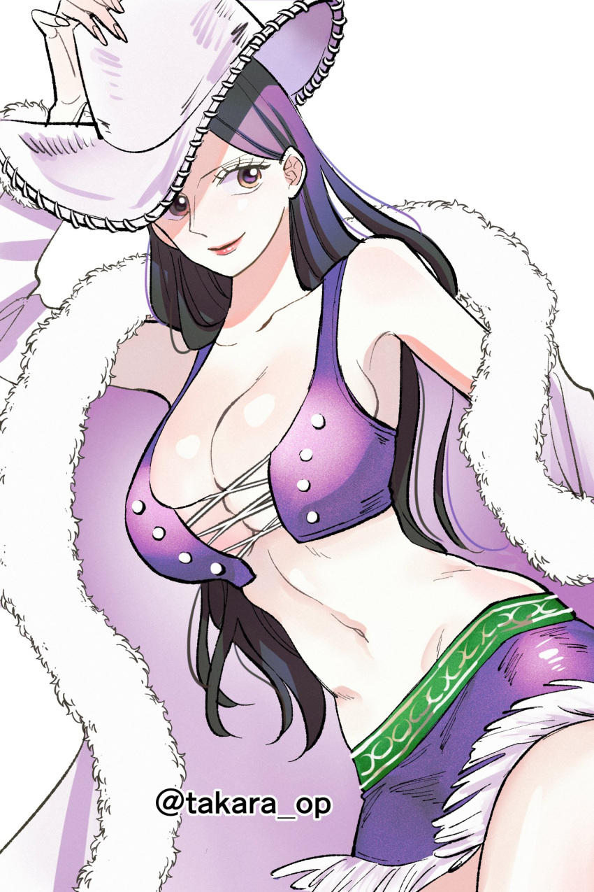 1girl black_hair breasts coat coat_partially_removed commentary_request cowboy_hat cowboy_shot crop_top cross-laced_clothes cross-laced_top fur-trimmed_coat fur_trim hair_behind_ear hand_on_headwear hat highres long_coat long_hair long_sleeves miniskirt navel nico_robin one_piece purple_eyes purple_shirt purple_skirt red_lips shirt simple_background skirt smile solo takara_op twitter_username white_background white_headwear