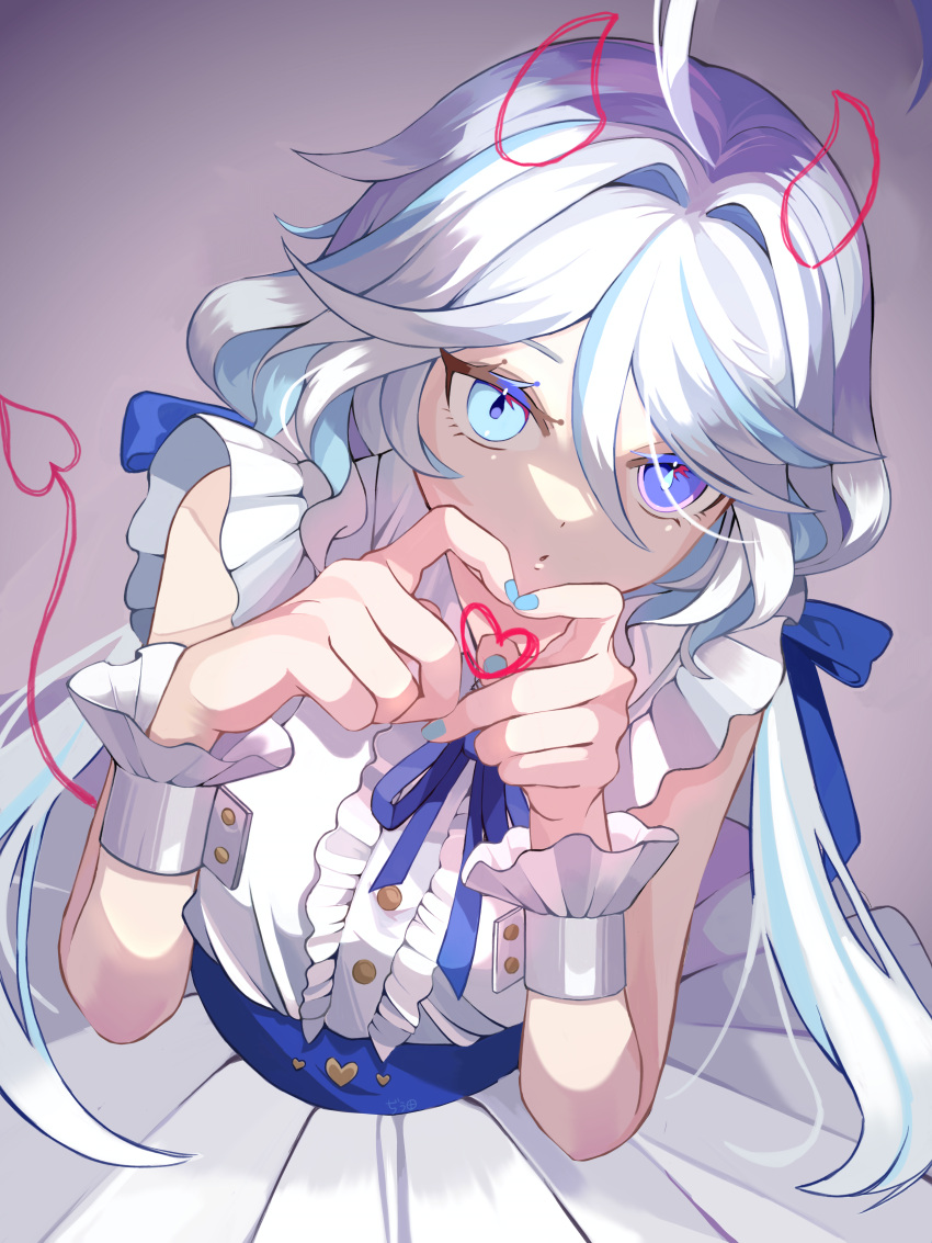 1girl absurdres blue_eyes blue_hair blue_nails breasts cowlick dot_mouth drawn_heart drawn_horns drawn_tail drop-shaped_pupils furina_(genshin_impact) genshin_impact grey_background hair_between_eyes heart heart_hands heterochromia highres light_blue_hair long_hair looking_at_viewer medium_breasts mismatched_pupils multicolored_hair nail_polish neck_ribbon pleated_skirt ribbon shirt skirt sleeveless sleeveless_shirt solo streaked_hair symbol-shaped_pupils upper_body wafuu_tsunamayo wavy_hair white_hair white_shirt white_skirt wrist_cuffs