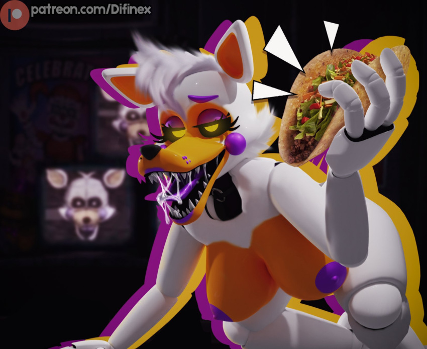 animatronic anthro big_breasts bodily_fluids breasts canid canine difinex female five_nights_at_freddy's five_nights_at_freddy's_world food fox hi_res holding_food holding_object lolbit_(fnaf) machine mammal nipples nude open_mouth robot saliva scottgames sharp_teeth solo taco teeth