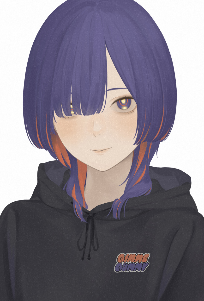 1girl black_hoodie blue_eyes blue_hair close-up hair_over_one_eye highres hood hood_down hoodie kamitsubaki_studio light_smile looking_at_viewer medium_hair multicolored_eyes multicolored_hair portrait red_hair rim_(kamitsubaki_studio) simple_background solo two-tone_hair upper_body virtual_youtuber white_background yellow_pupils zudxpnz