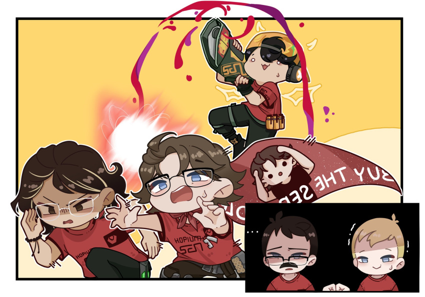 ... 5boys banner chibi dog_tags drewspark_(gamer) english_commentary english_text firing fist_bump glasses highres jersey johnqt_(gamer) kaplan_(gamer) kay/o_(valorant) multiple_boys raze_(valorant) real_life rocket_launcher running sentinels unamused valorant viper_(valorant) weapon yayayazi zekken_(gamer) zellsis_(gamer)