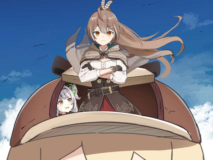 3girls ahoge arched_bangs belt brown_capelet brown_cloak brown_corset brown_eyes brown_hair capelet cleavage_cutout cloak clothing_cutout cloud cloudy_sky corset feather_hair_ornament feathers frown furrowed_brow gloves grey_hair hair_between_eyes hair_ornament hairclip hieroglyphics highres hololive hololive_english long_hair looking_at_viewer mecha multiple_girls murasaki_shion murasaki_shion_(1st_costume) nanashi_mumei nanashi_mumei_(1st_costume) one_side_up partially_fingerless_gloves ponytail red_skirt ribbon robot scene_reference shirt shuuzo3 skirt sky smol_ame sweatdrop tengen_toppa_gurren_lagann very_long_hair virtual_youtuber watson_amelia white_shirt yellow_eyes