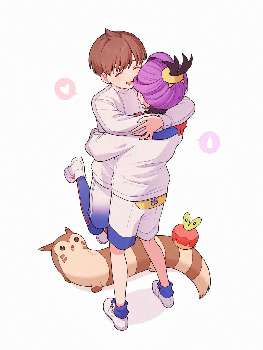 2boys :d applin blue_leggings blue_socks brown_hair closed_eyes florian_(pokemon) furret gloves heart highres hug jacket kashima_momoki kieran_(pokemon) leggings long_sleeves male_focus multicolored_hair multiple_boys open_mouth pokemon pokemon_(creature) pokemon_sv purple_hair red_gloves shoes short_hair shorts smile socks spoken_heart standing two-tone_hair white_footwear white_jacket white_shorts