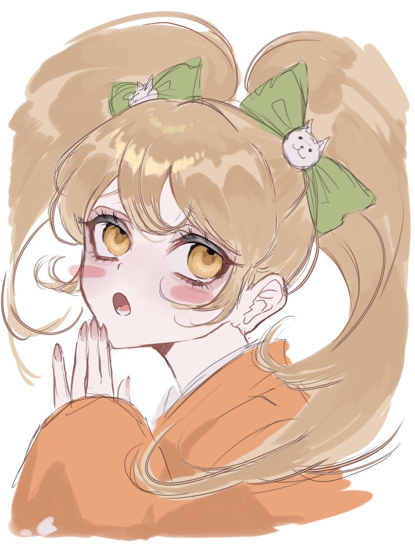 1girl :o absurdres blonde_hair blush_stickers cropped_torso danganronpa_(series) danganronpa_2:_goodbye_despair from_side hair_between_eyes hand_up highres japanese_clothes kimono long_sleeves lower_teeth_only mi_loveyouuu orange_eyes orange_kimono saionji_hiyoko solo teeth tongue twintails white_background wide_sleeves