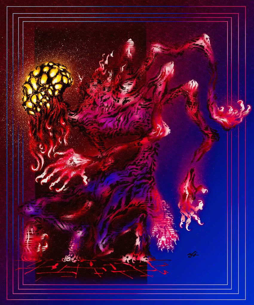 absurdres amygdala bloodborne border deadpool_yuchan digitigrade eldritch_abomination emaciated extra_arms extra_digits extra_eyes facing_to_the_side from_side glowing glowing_eyes gradient_background highres monster monster_focus no_humans outside_border signature solo standing tail tentacles trypophobia yellow_eyes