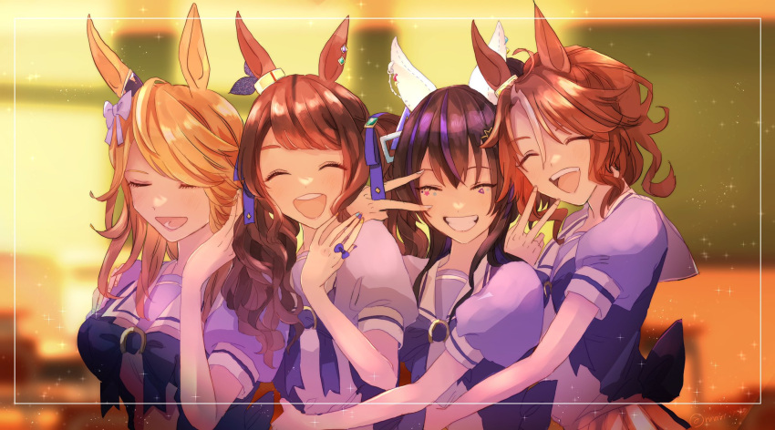 4girls animal_ears blurry blurry_background bow bowtie breasts brown_hair closed_eyes daitaku_helios_(umamusume) ear_covers ear_ornament facing_viewer gold_city_(umamusume) grin hand_in_own_hair hand_up highres horse_ears hug indoors jewelry jupo_(nnmn_7737) long_hair mejiro_palmer_(umamusume) multicolored_hair multiple_girls open_mouth ponytail purple_shirt ring sailor_collar school_uniform shirt short_hair short_sleeves skirt small_breasts smile sticker_on_face streaked_hair tosen_jordan_(umamusume) tracen_school_uniform twintails umamusume upper_body v v_over_eye