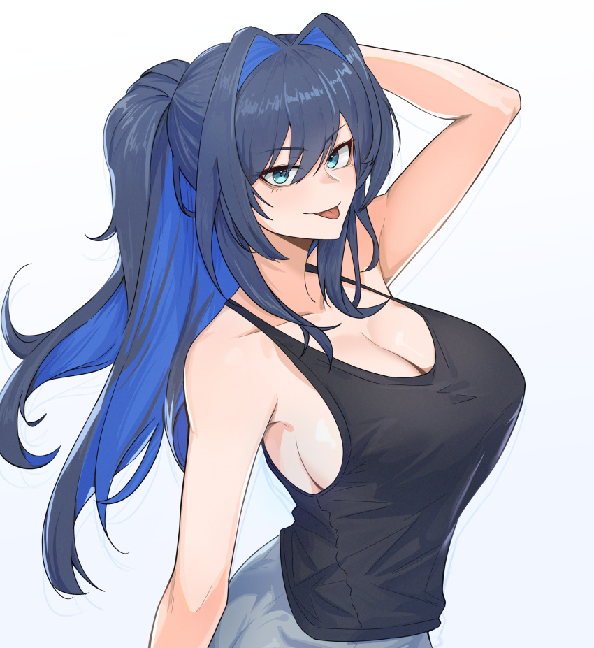 1girl arm_behind_head arm_up black_hair blue_eyes blue_hair breasts cleavage collarbone hair_intakes highres hololive hololive_english large_breasts long_hair looking_at_viewer multicolored_hair nokaa_aru ouro_kronii ponytail sideboob smile solo tongue tongue_out upper_body virtual_youtuber
