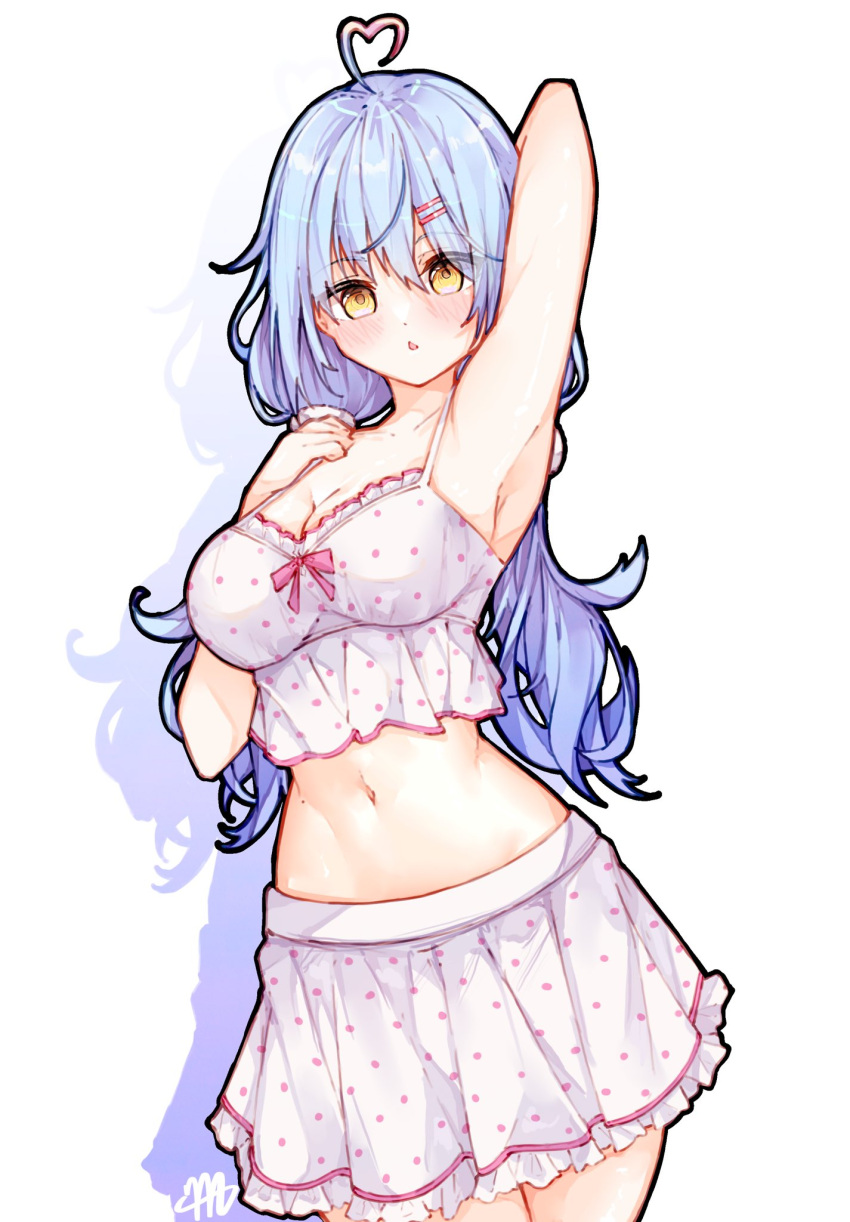 1girl ahoge armpits blue_hair blush breasts camisole cleavage frilled_camisole frills hair_between_eyes hair_ornament heart heart_ahoge highres hololive large_breasts long_hair looking_at_viewer ma_draws multicolored_hair navel official_alternate_costume open_mouth pointy_ears polka_dot polka_dot_camisole polka_dot_skirt skirt sleepwear solo streaked_hair virtual_youtuber white_camisole yellow_eyes yukihana_lamy yukihana_lamy_(4th_costume)