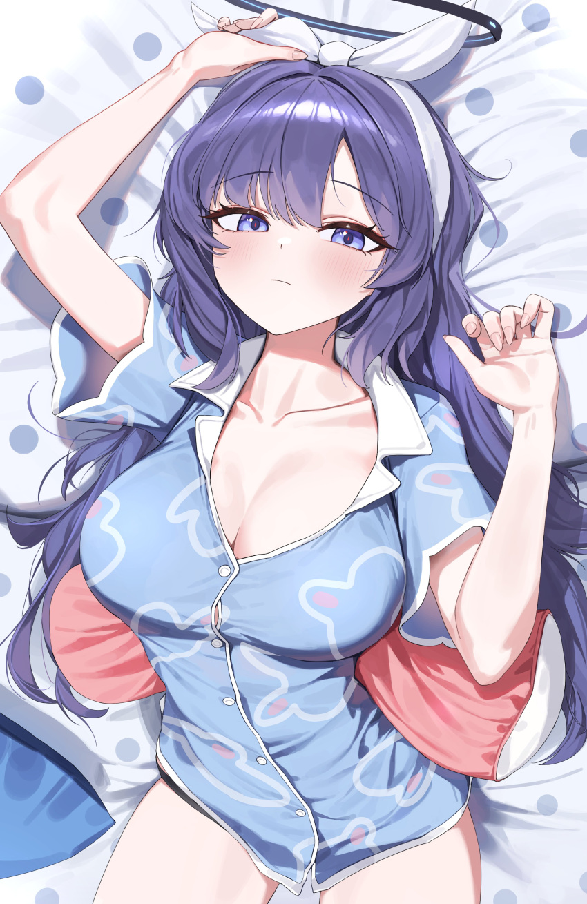 1girl absurdres bed_sheet blue_archive blue_eyes blue_hair breasts cleavage collarbone halo highres looking_at_viewer lying mechanical_halo official_alternate_costume on_back pajamas pillow rivet_(vvrn2825) sleepwear solo yuuka_(blue_archive)