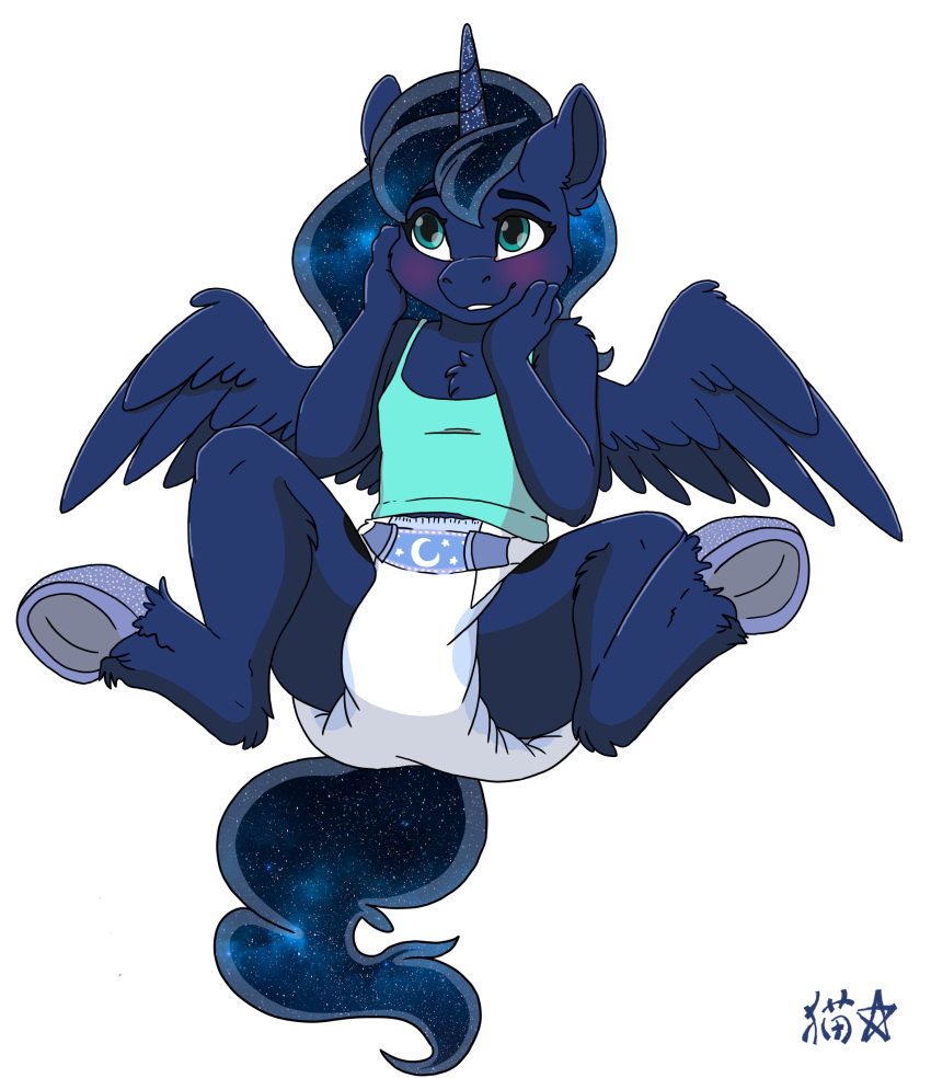 anthro anthrofied blush camisole clothed clothing diaper embarrassed equid equine feathered_wings feathers female friendship_is_magic hasbro hi_res holding_face hooves horn lying mammal my_little_pony mythological_creature mythological_equine mythology princess_luna_(mlp) solo sparkles spread_legs spreading stargal_galexi underwear wearing_diaper white_diaper winged_unicorn wings