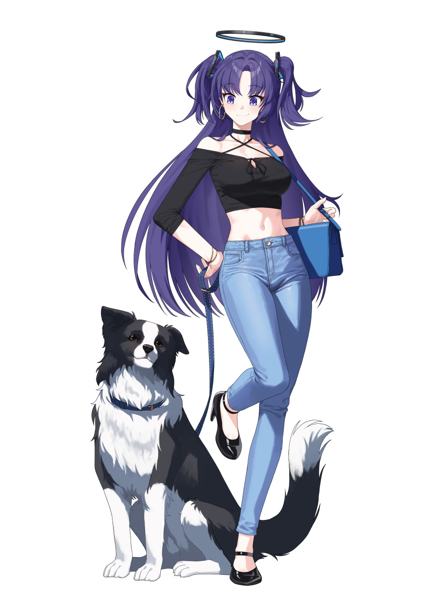 1girl absurdres alfie_(tmdals7645) alternate_costume animal black_footwear black_shirt blue_archive blue_pants blush border_collie breasts cleavage closed_mouth collarbone dog full_body halo high_heels highres large_breasts long_hair mechanical_halo navel pants purple_eyes purple_hair shirt short_sleeves simple_background smile solo two_side_up white_background yuuka_(blue_archive)