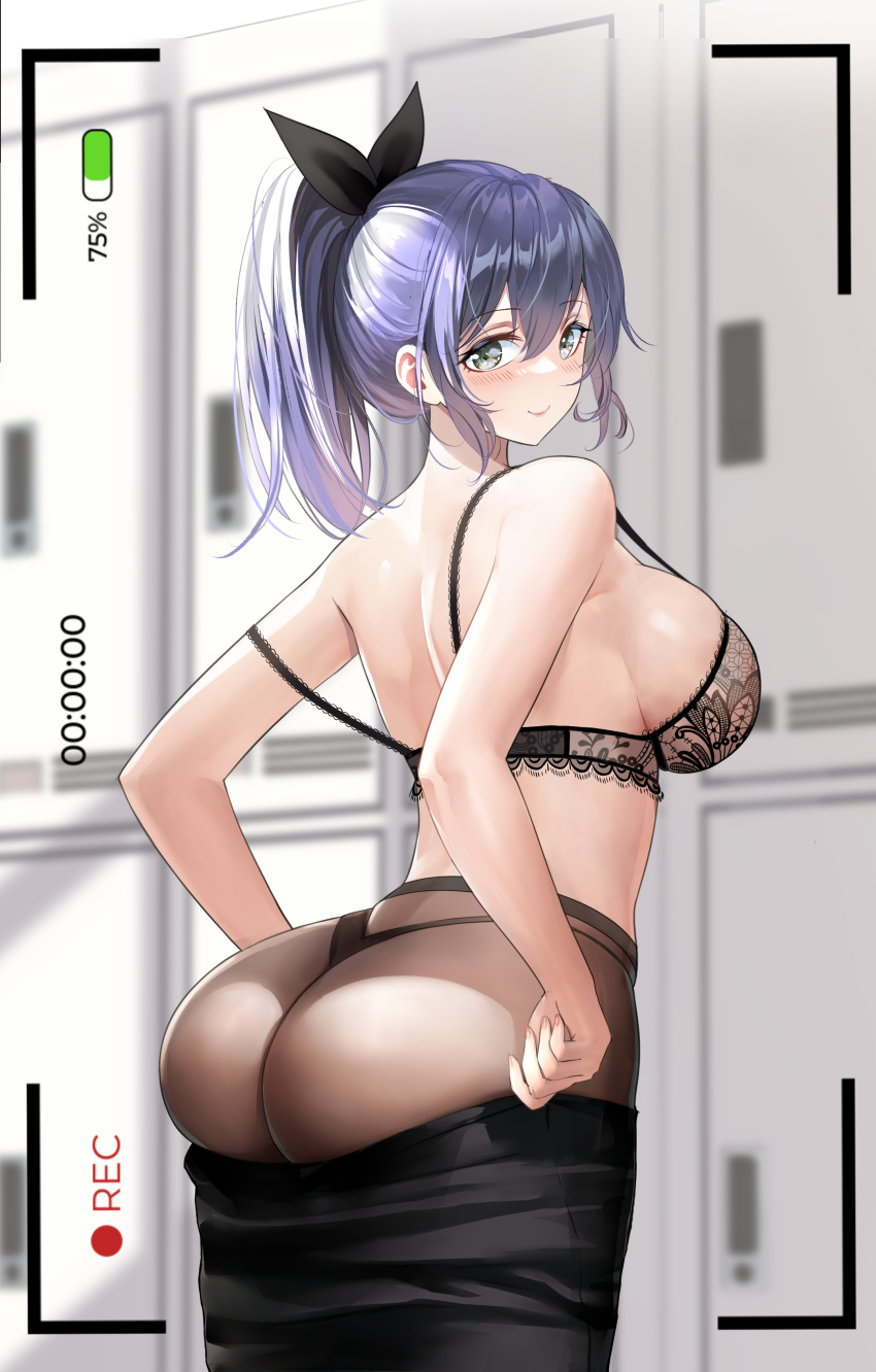 1girl absurdres ass black_bra black_panties black_pantyhose black_skirt blurry blurry_background blush bra breasts closed_mouth clothes_pull commentary_request grey_eyes hair_between_eyes hair_rollers highres large_breasts locker locker_room looking_at_viewer looking_back looking_to_the_side maki_(user_fyjx4337) medium_hair original panties pantyhose ponytail purple_hair sideboob skirt skirt_pull smile standing strap_slip underwear uniform viewfinder