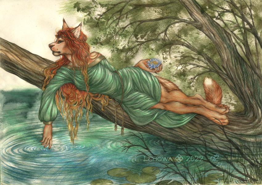 anthro clothing domestic_cat dress felid feline felis female flower hair lake lehowa lynx maine_coon mammal nature nymph plant pond reclining red_hair river solo tree water waterlily