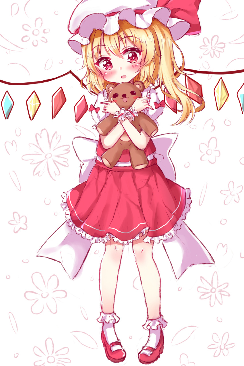 1girl absurdres back_bow blonde_hair blush bobby_socks bow flandre_scarlet frilled_skirt frills full_body hair_between_eyes hanen_(borry) hat hat_ribbon head_tilt highres holding holding_stuffed_toy large_bow looking_at_viewer mary_janes medium_hair mob_cap multicolored_wings one_side_up open_mouth pigeon-toed puffy_short_sleeves puffy_sleeves red_eyes red_footwear red_ribbon red_skirt red_vest ribbon ribbon-trimmed_headwear ribbon_trim shirt shoes short_sleeves simple_background skirt socks solo standing stuffed_animal stuffed_toy teddy_bear touhou vest white_background white_bow white_headwear white_shirt white_socks wings wrist_cuffs