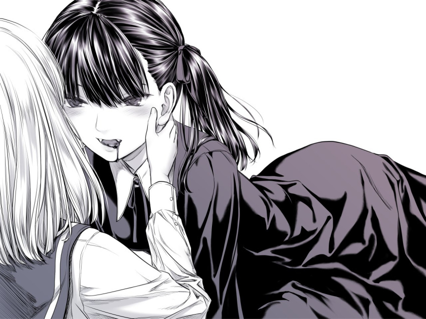 2girls black_dress blood blood_from_mouth blush collared_shirt commentary_request dress fangs greyscale hand_on_another's_face long_hair looking_at_another medium_hair monochrome multiple_girls open_mouth original sailor_collar shirt takekawa_shin twintails vampire yuri