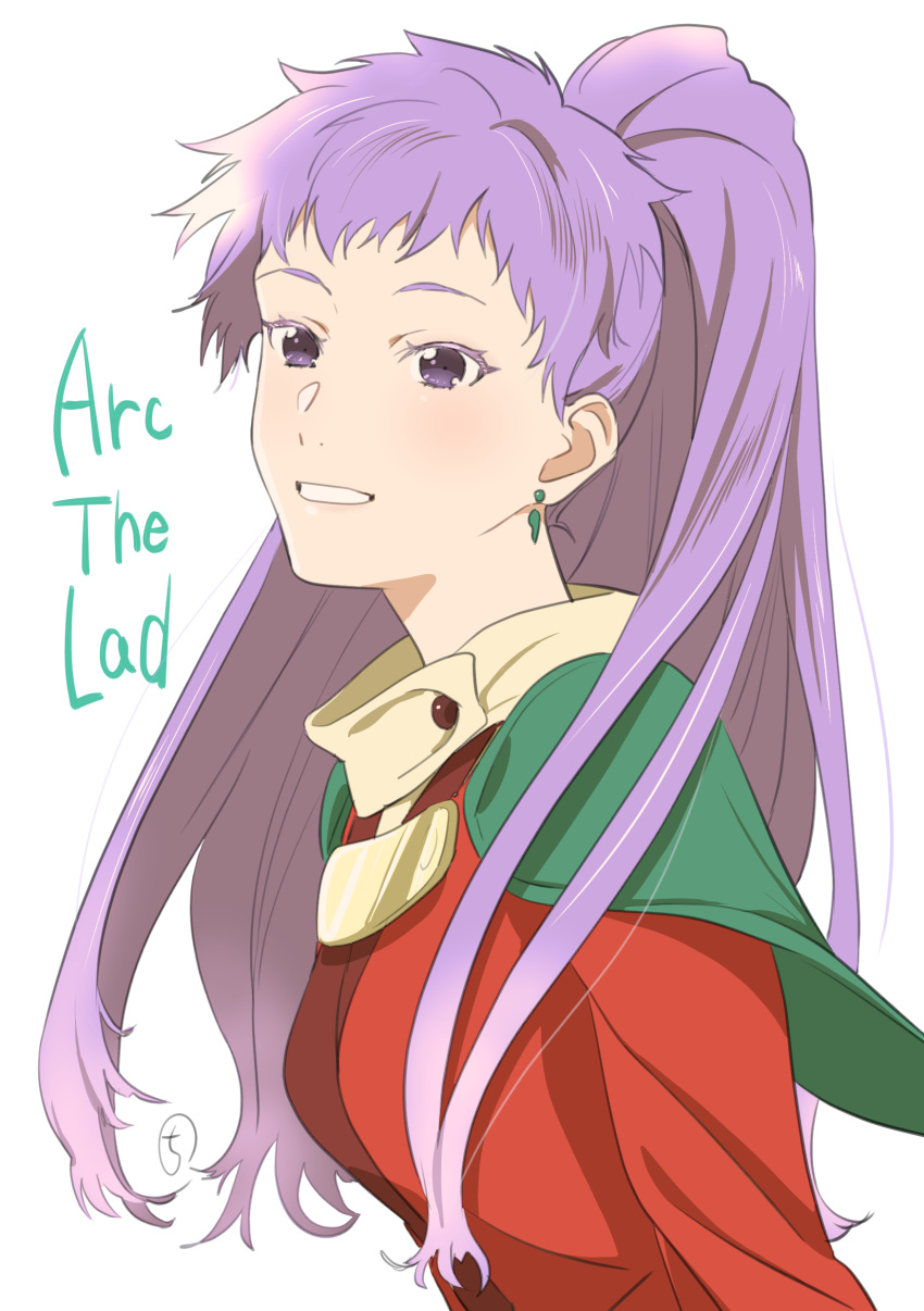 1girl absurdres arc_the_lad breasts copyright_name earrings highres jewelry kobayashi_chizuru kukuru_(arc_the_lad) long_hair looking_at_viewer ponytail purple_eyes purple_hair simple_background smile solo white_background