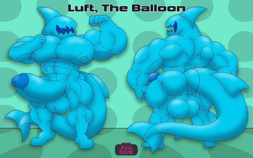 4_fingers abs absurd_res animal_balloon animal_humanoid animate_inanimate annaengine back_muscles backsack balloon balloon_humanoid balls biceps big_balls big_muscles big_pecs big_penis big_tail biped blue_body butt circumcised digital_drawing_(artwork) digital_media_(artwork) english_text erection eyeless featureless_feet feet fingers fish fish_humanoid flexing front_view genitals hi_res huge_pecs humanoid humanoid_genitalia humanoid_penis inflatable living_balloon living_inflatable male marine marine_humanoid model_sheet monotone_body muscular muscular_humanoid muscular_male nipples nude open_mouth pecs penis rear_view shaped_balloon shark shark_fin shark_humanoid shark_tail sharp_teeth simple_background smile solo standing tail teeth text unusual_anatomy unusual_nipples