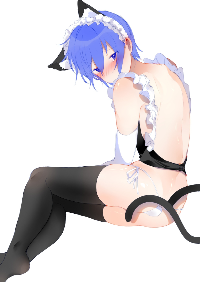 1boy animal_ears ass backless_outfit black_thighhighs blue_eyes blue_hair blush cat_boy cat_ears cat_tail commentary_request crossdressing ear_blush elbow_gloves frills from_behind full_body gloves hair_between_eyes highres kaito_(vocaloid) looking_at_viewer maid male_focus natsu_in nude otoko_no_ko panties project_diva_(series) shiny_skin short_hair shoulder_blush shy solo string_panties tail thighhighs underwear vocaloid white_background white_gloves white_panties