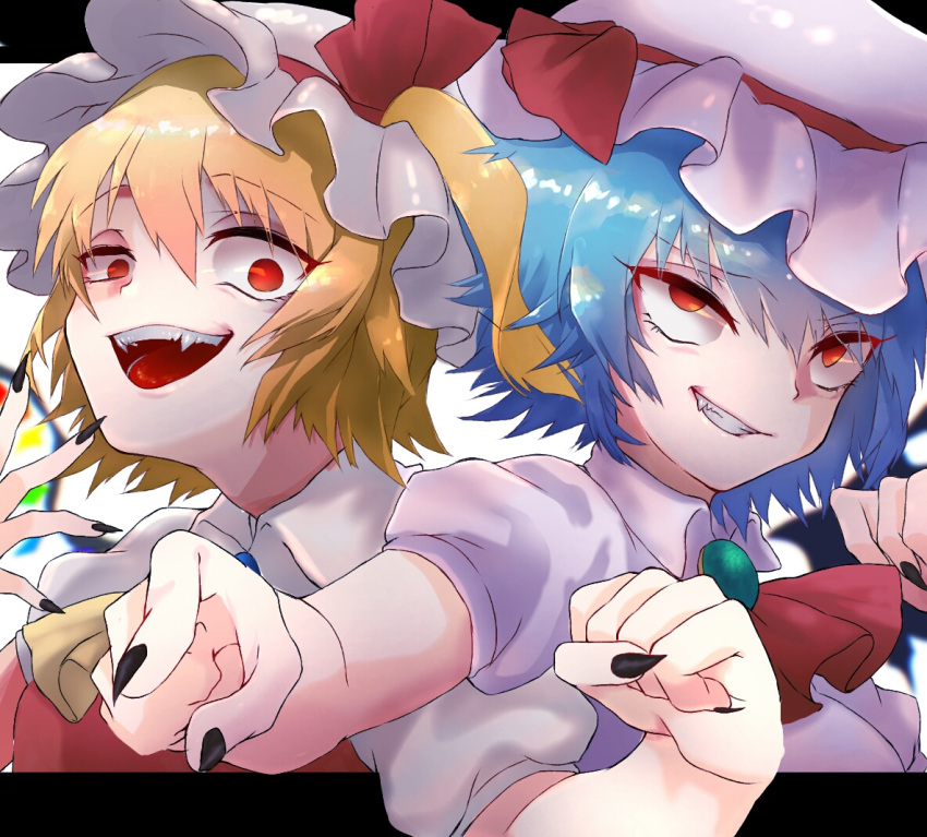 2girls ascot bat_wings black_nails blonde_hair blue_brooch blue_hair collared_shirt crazy_smile fangs fingernails flandre_scarlet green_brooch hair_between_eyes hat hat_ribbon looking_at_viewer medium_hair mob_cap multicolored_wings multiple_girls nail_polish pink_headwear pink_shirt red_ascot red_eyes red_ribbon red_vest remilia_scarlet ribbon sharp_fingernails shirt siblings sisters smile teeth temu_(tem27) touhou upper_body upper_teeth_only vest white_headwear white_shirt wings yellow_ascot