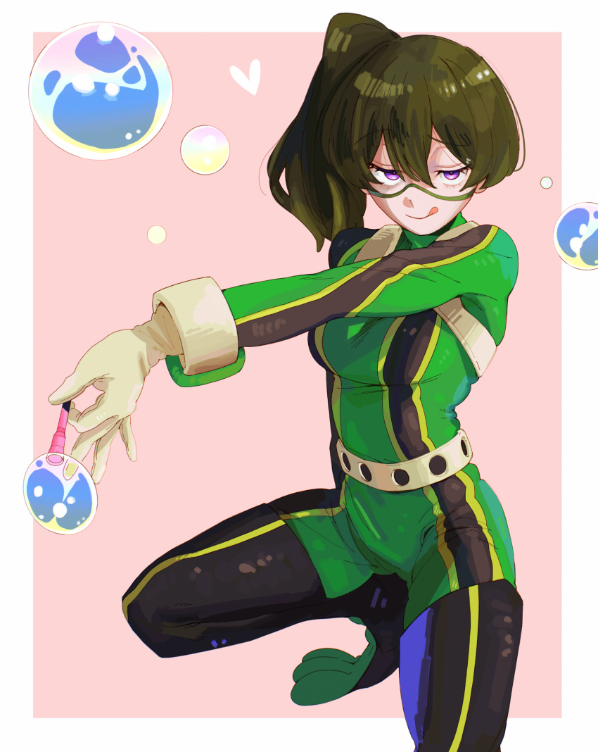 1girl :q absurdres asui_tsuyu asui_tsuyu_(cosplay) bchan1582 bodysuit boku_no_hero_academia border commentary cosplay english_commentary gloves green_bodysuit green_hair half-closed_eyes highres long_hair looking_at_viewer outstretched_arm pink_background purple_eyes side_ponytail smile soap_bubbles solo sousou_no_frieren squatting tongue tongue_out ubel_(sousou_no_frieren) white_border white_gloves