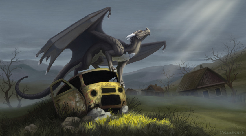 abandoned abandoned_building absurd_res black_body car character_mazrogal claws dead_tree deltablackk digital_media_(artwork) dragon european_mythology feral fog foggy_background grass hi_res horn light male membrane_(anatomy) membranous_wings mythological_creature mythological_scalie mythology plant scales scalie sky solo sunrise tail tree vehicle village western_dragon wings