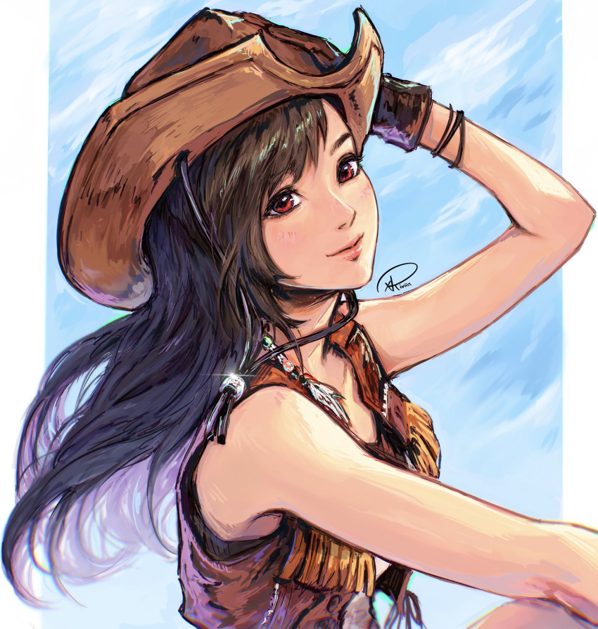 1girl bare_shoulders black_gloves black_hair blue_sky brown_headwear brown_vest closed_mouth cloud cloudy_sky commentary cowboy_hat cowgirl_(western) crisis_core_final_fantasy_vii english_commentary final_fantasy final_fantasy_vii final_fantasy_vii_rebirth final_fantasy_vii_remake floating_hair glint gloves hat highres light_blush lips long_hair looking_at_viewer pink_lips red_eyes signature sky smile solo swept_bangs tifa_lockhart tifa_lockhart_(cowgirl) upper_body vest xriviia