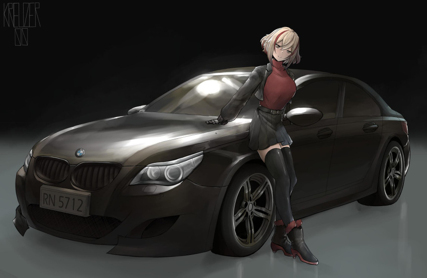 1girl azur_lane belt black_footwear black_jacket black_skirt black_thighhighs blonde_hair bmw bmw_m5 boots car closed_mouth commentary english_commentary hair_between_eyes head_tilt high_heel_boots high_heels highres jacket kreuzer_00 looking_at_viewer mechanical_hands motor_vehicle multicolored_hair red_sweater roon_(azur_lane) short_hair skirt smile solo sports_car standing streaked_hair sweater thighhighs turtleneck turtleneck_sweater vehicle_focus yellow_eyes