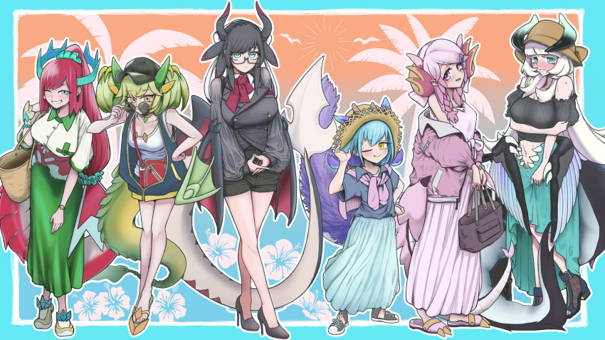 absurdres alternate_costume bare_shoulders black_dress black_hair black_shorts blue_hair blush bow braid breasts chamber_dragonmaid coat dragon_girl dragon_horns dragon_tail dragon_wings dress duel_monster full_body glasses green_eyes green_hair hat high_heels highres holding horns house_dragonmaid kitchen_dragonmaid large_breasts laundry_dragonmaid long_hair long_skirt long_sleeves looking_at_viewer multiple_girls nurse_dragonmaid off-shoulder_shirt off_shoulder open_clothes open_coat open_mouth parlor_dragonmaid pink_eyes pink_hair pleated_skirt red_bow red_hair shirt shorts skirt slippers smile solo standing tail white_background white_hair wings yamasu_(tmy-0902) yellow_eyes yu-gi-oh!