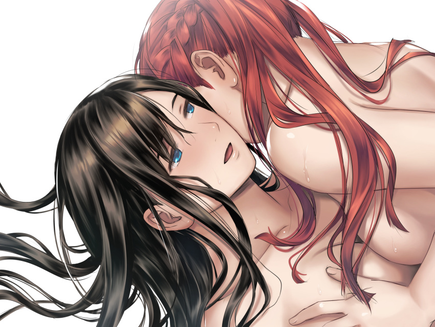 2girls black_hair blue_eyes braid breasts cheek-to-cheek commentary_request french_braid girl_on_top grabbing grabbing_another's_breast heads_together highres long_hair lying medium_breasts multiple_girls nude on_back original parted_lips red_hair simple_background sweat takekawa_shin upper_body white_background yuri