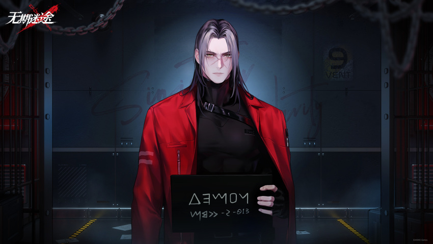 1boy :| against_wall arm_out_of_sleeve black_gloves black_shirt chain character_name closed_mouth copyright_name demon_(path_to_nowhere) fingerless_gloves gloves grey_hair hand_up high_collar highres holding holding_sign indoors jacket logo long_sleeves looking_at_viewer male_focus mature_male medium_hair mugshot official_art official_wallpaper open_clothes open_jacket path_to_nowhere prison_cell prison_clothes red_jacket scar scar_on_face shirt sign solo upper_body yellow_eyes