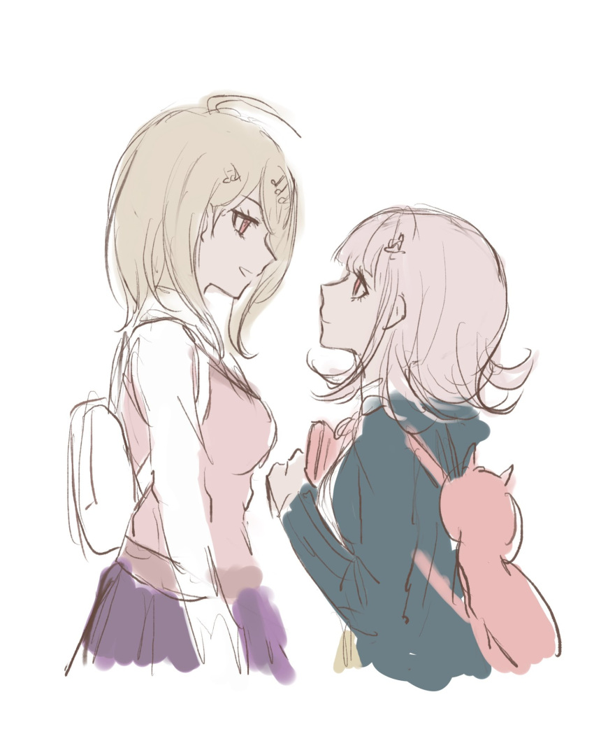 2girls :d ahoge akamatsu_kaede animal_bag backpack bag blonde_hair brown_skirt cat_bag closed_mouth cropped_torso danganronpa_(series) danganronpa_2:_goodbye_despair danganronpa_v3:_killing_harmony eye_contact flipped_hair from_side fu_ga_(vivi912912) height_difference highres long_hair long_sleeves looking_at_another medium_hair miniskirt multiple_girls nanami_chiaki open_mouth pink_bag pink_hair pink_sweater_vest pleated_skirt profile purple_skirt shirt skirt smile spaceship_hair_ornament sweater_vest white_bag white_shirt