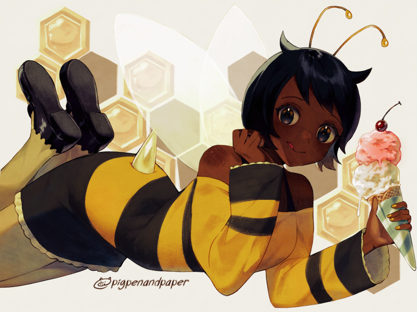 1girl :d antennae arthropod_girl artist_name bee_girl bee_wings black_eyes black_footwear black_hair black_tank_top cherry commentary dark-skinned_female dark_skin food fruit hand_on_own_cheek hand_on_own_face highres honeycomb_(pattern) honeycomb_background ice_cream long_shirt looking_at_viewer lying mysims numbers_(pigpenandpaper) off-shoulder_shirt off_shoulder pantyhose roxie_road shirt short_hair signature smile striped_clothes striped_shirt symbol-only_commentary tail tank_top tongue tongue_out white_background