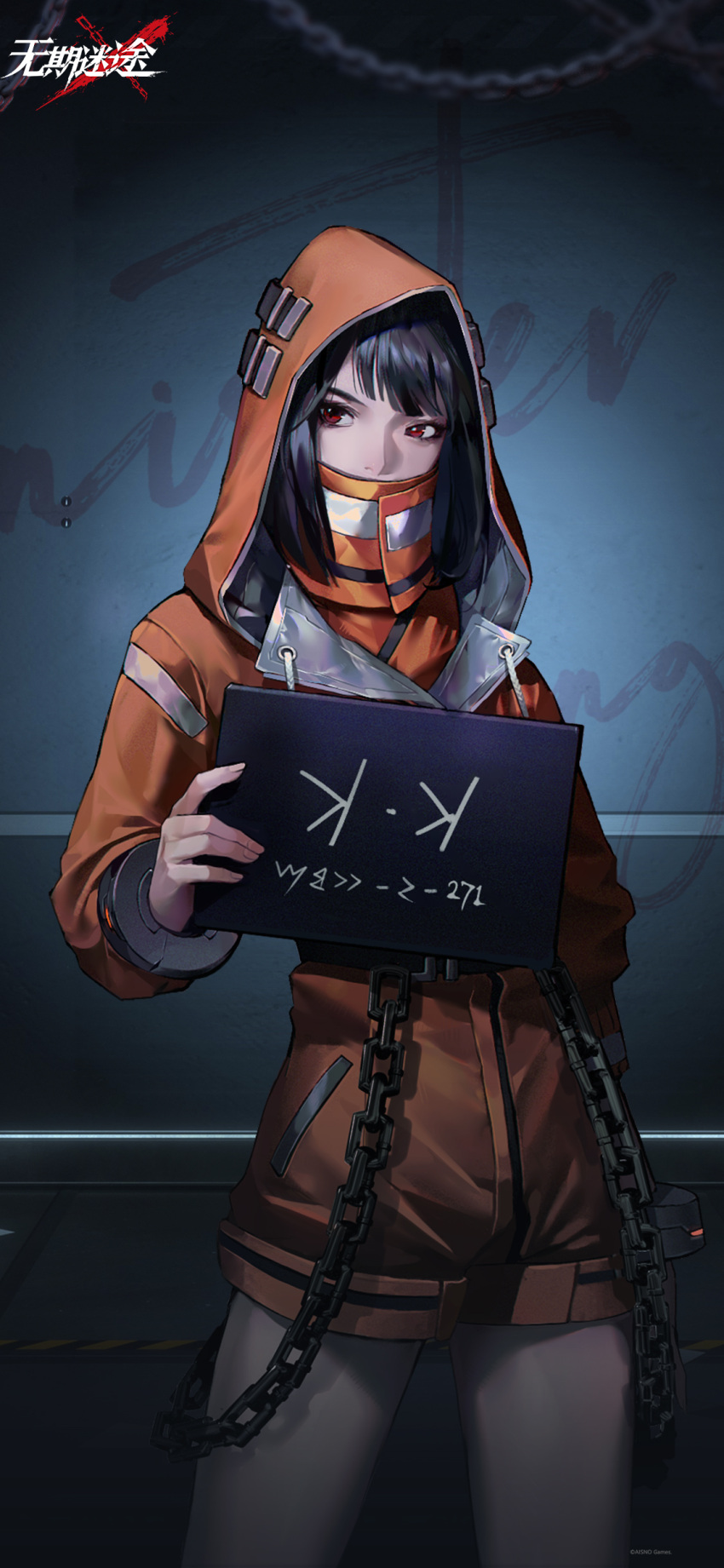 1girl absurdres against_wall black_hair chain character_name copyright_name covered_mouth cowboy_shot hand_up highres holding holding_sign hood hood_up hooded_jumpsuit indoors jumpsuit k.k._(path_to_nowhere) logo long_sleeves looking_at_viewer medium_hair mugshot official_art official_wallpaper orange_jumpsuit orange_shirt path_to_nowhere prison_clothes shirt short_jumpsuit sign solo turtleneck_shirt wristlet