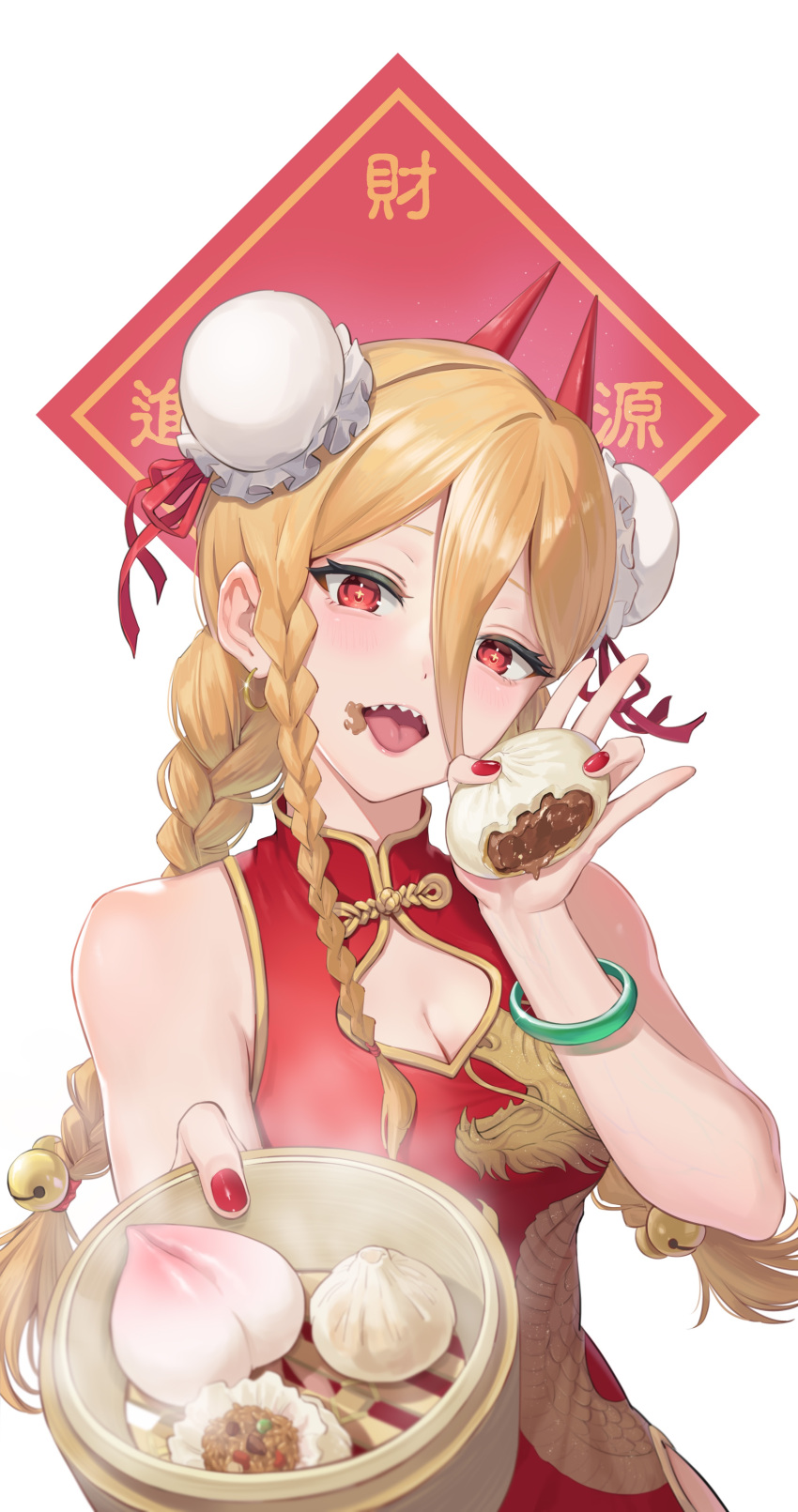 1girl absurdres alternate_breast_size alternate_hairstyle baozi blonde_hair bracelet braid breasts bun_cover chainsaw_man china_dress chinese_clothes cleavage cleavage_cutout clothing_cutout commentary cross-shaped_pupils double_bun dress food food_on_face hair_between_eyes hair_bun highres holding jewelry kiunchiku large_breasts low_twin_braids nail_polish open_mouth power_(chainsaw_man) red_eyes red_nails sharp_teeth side_braid smile solo steam symbol-shaped_pupils teeth twin_braids upper_body