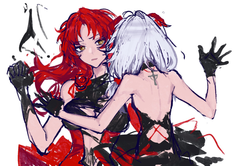 2girls back_tattoo backless_dress backless_outfit black_dress black_gloves breasts cleavage closed_mouth dress flower gloves highres honkai_(series) honkai_impact_3rd large_breasts long_hair multiple_girls murata_himeko murata_himeko_(blood_rose) nightglow_(user_hjnj3734) red_dress red_flower red_hair red_rose rose simple_background sketch tattoo theresa_apocalypse theresa_apocalypse_(luna_kindred) twintails white_background white_hair yellow_eyes