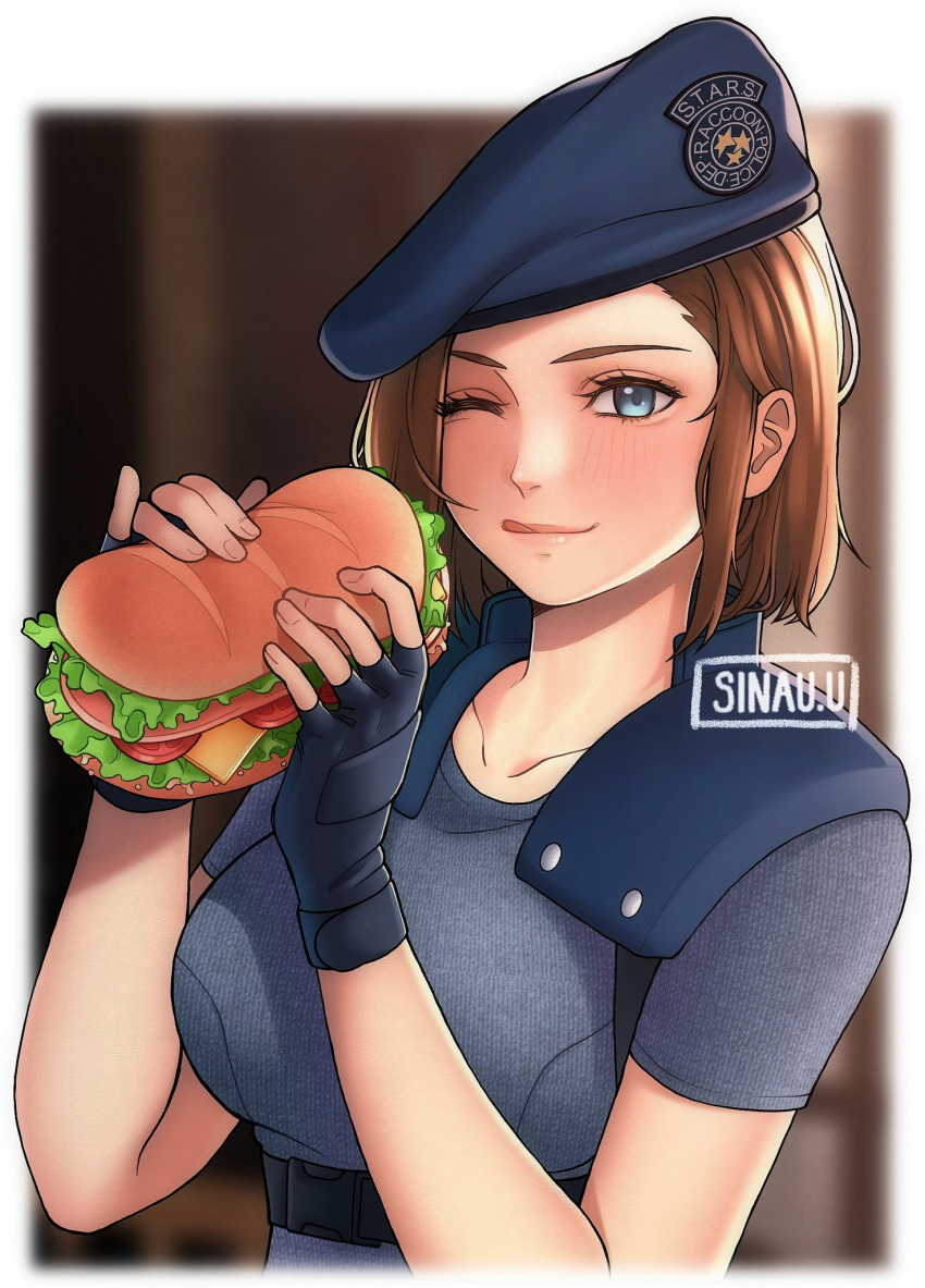 1girl armor artist_name beret blue_eyes blue_gloves blue_headwear blue_shirt blurry blurry_background blush breasts brown_hair collarbone commentary depth_of_field english_commentary eyelashes fingerless_gloves food gloves hands_up hat highres holding holding_food jill_valentine large_breasts licking_lips medium_hair one_eye_closed police police_hat police_uniform policewoman resident_evil sandwich shirt short_sleeves shoulder_armor sidelocks sinau solo tongue tongue_out uniform upper_body