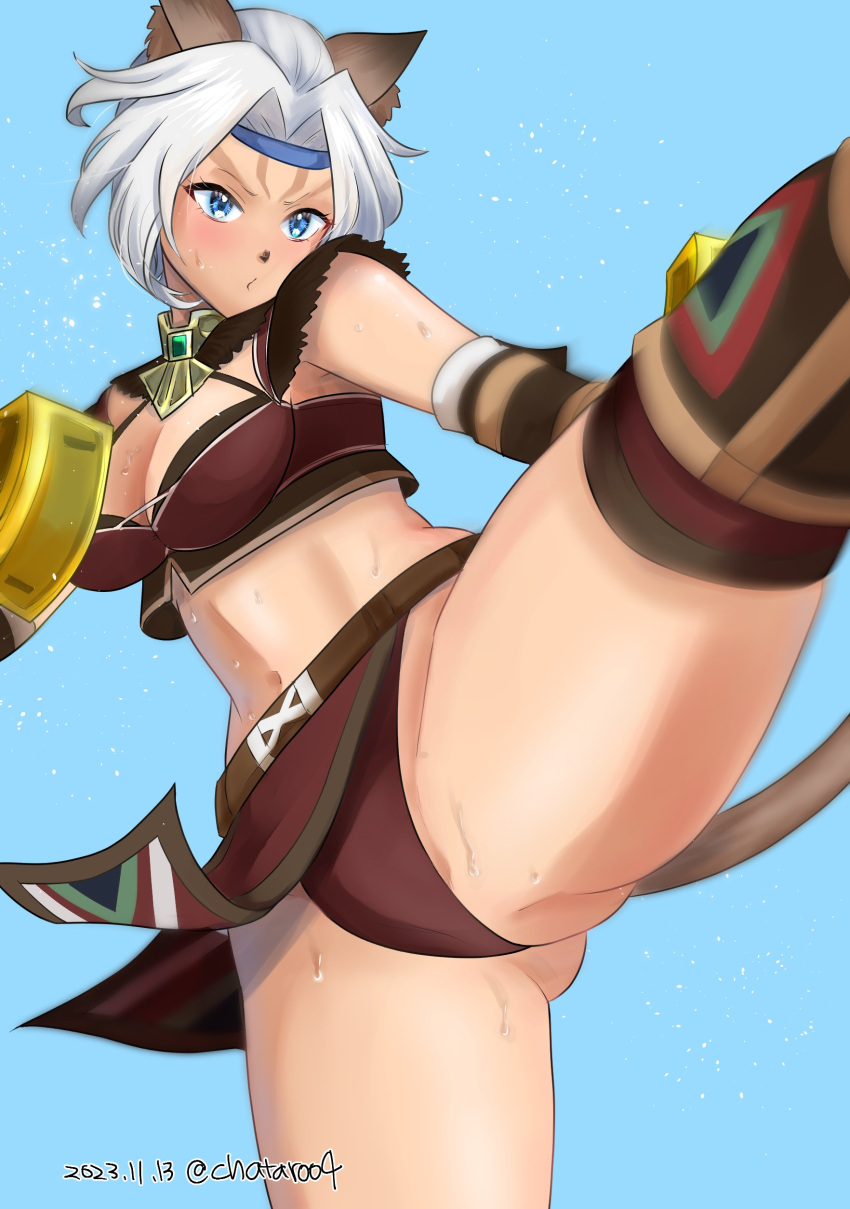 1girl 2023 absurdres adventurer_(ff11) animal_ears blue_eyes blue_headband breasts cat_ears cat_girl cat_tail chatarou_bekkan cleavage dated final_fantasy final_fantasy_xi grey_hair hair_intakes headband high_kick highres kicking leg_up light_blue_background loincloth medium_breasts midriff mithra_(ff11) navel no_eyebrows panties red_loincloth red_panties short_hair solo sweat tail twitter_username underwear