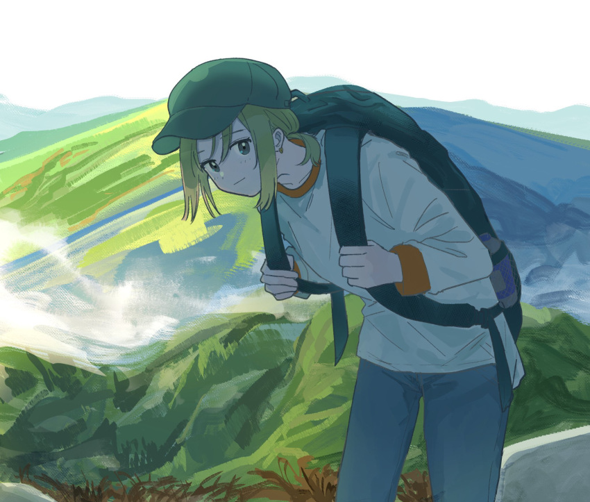 1girl backpack bag black_bag blonde_hair cloud cowboy_shot green_headwear grey_pants hat highres hiking hill holding_strap leaning_forward long_sleeves mountain mountainous_horizon onoyama_(machikz1) original outdoors pants shirt short_ponytail sidelocks sky solo standing white_shirt